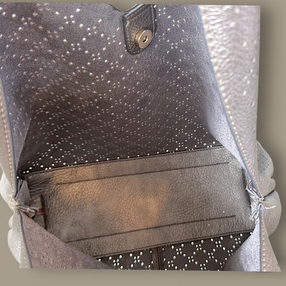 Montana West Metallic Silver Perforated Slouchy Hobo Bag & Wallet 2pc Set - Picture 4 of 7
